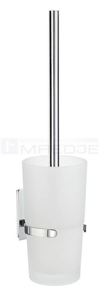 Design WC Bürstengarnitur "POOL" , wandhängend, Glasgefäß, Halter und Stiel aus verchromten Messing